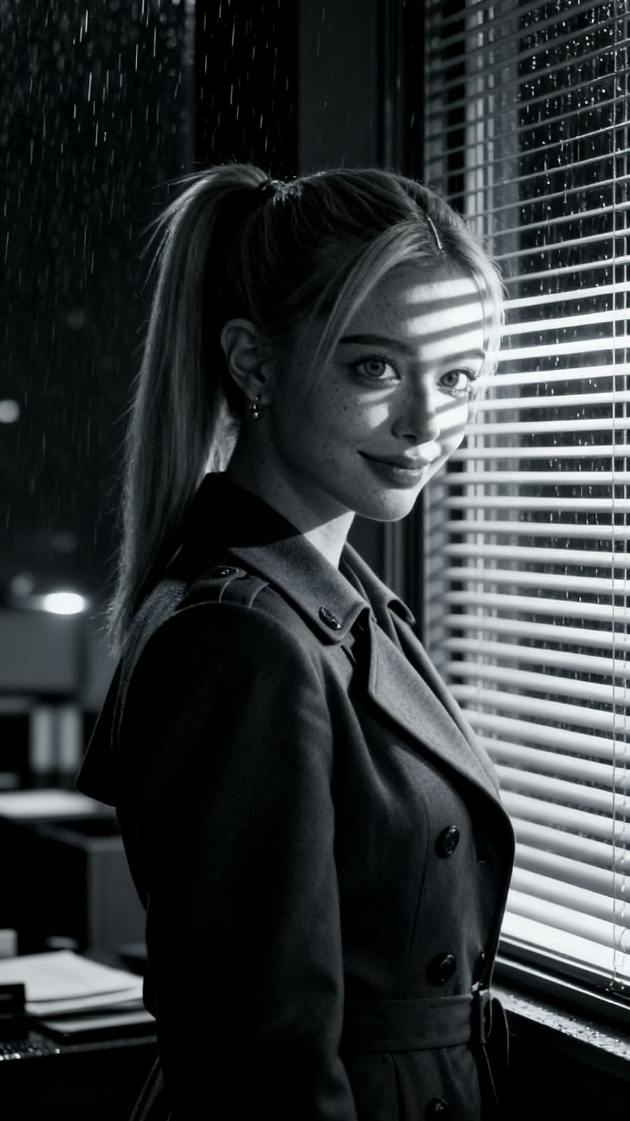 A noir detective at a rain-streaked window