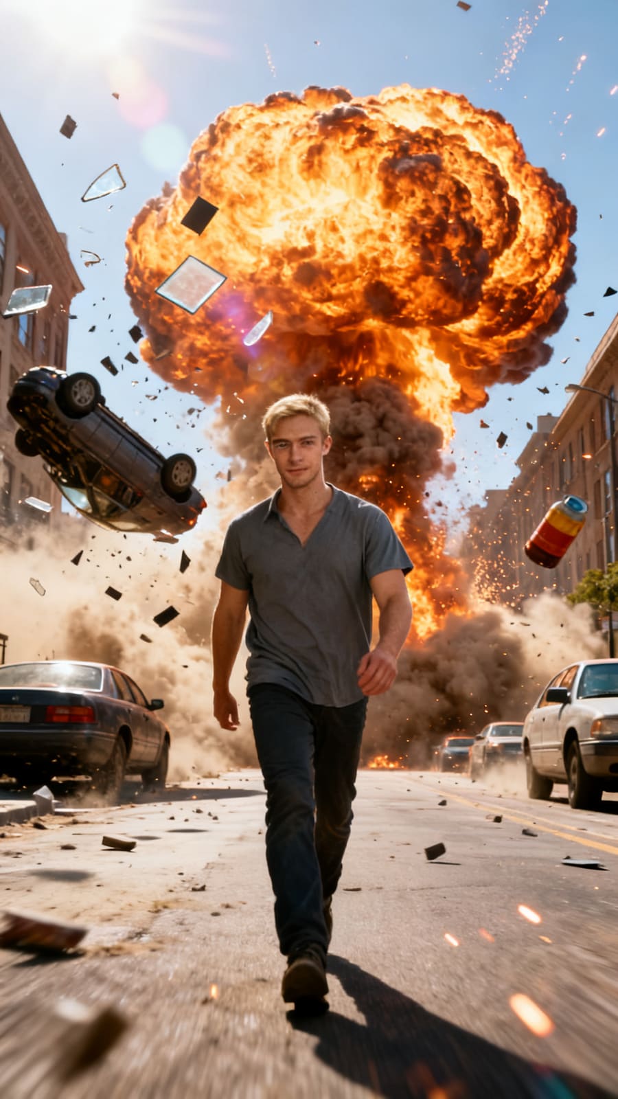 A hero walking from a street explosion