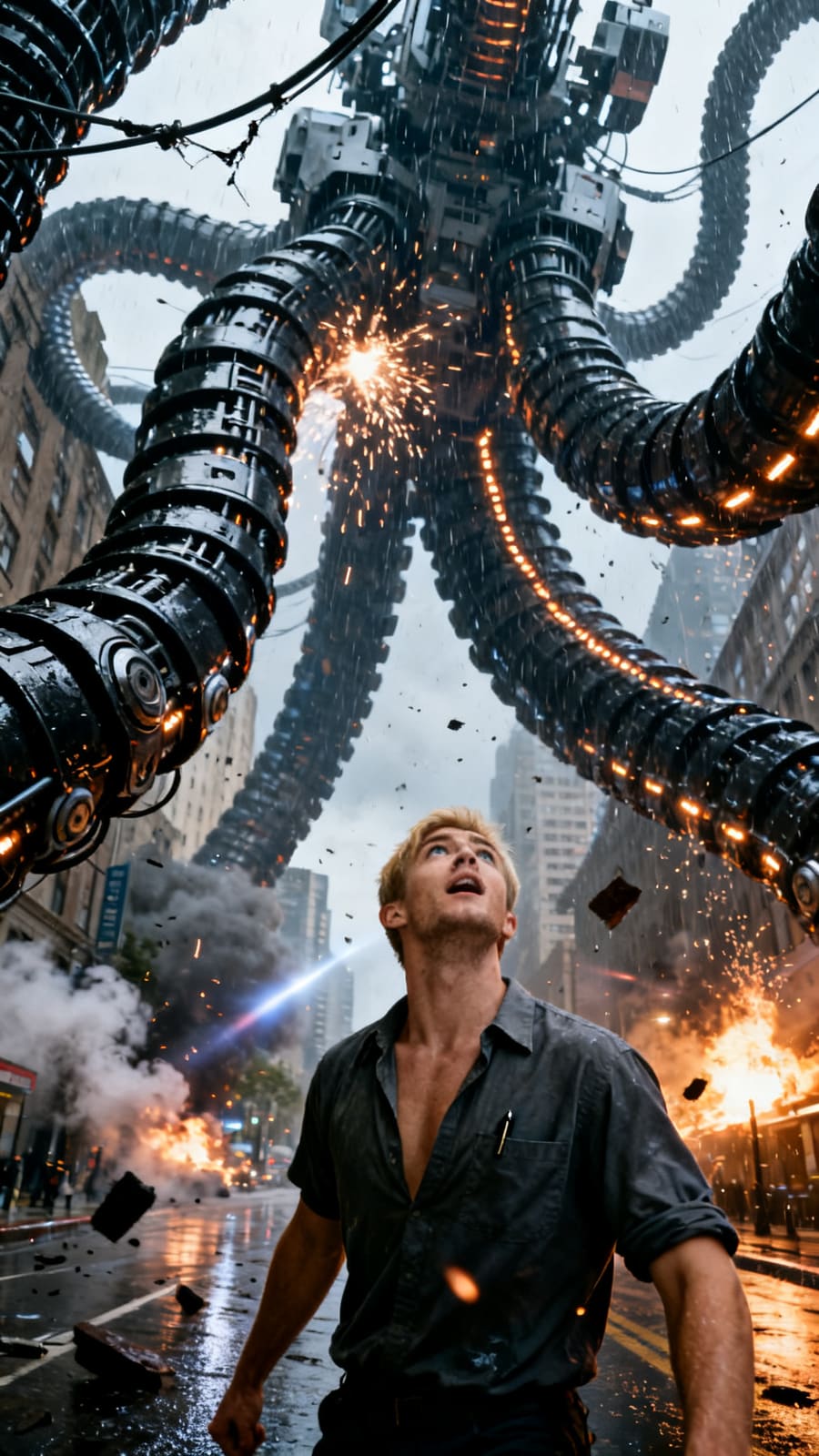 Giant cybernetic tentacles over a city street