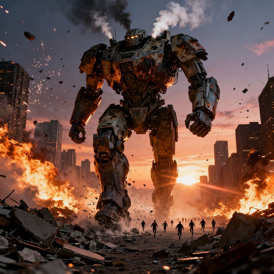 A colossal mech striding through a burning city