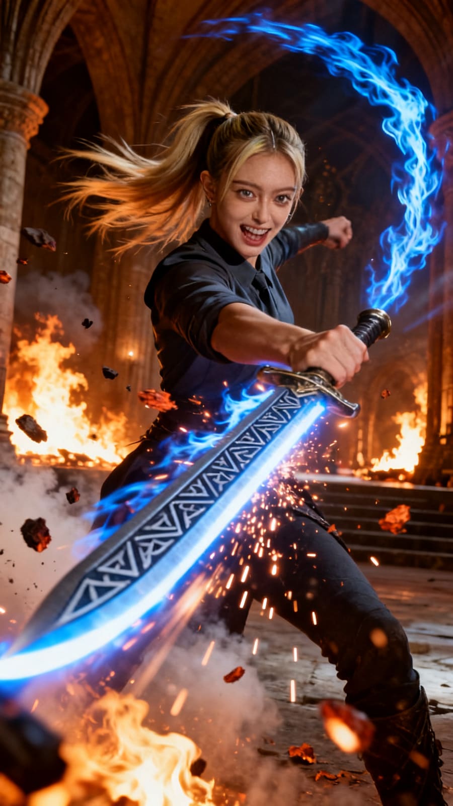 A glowing runic blade mid-swing