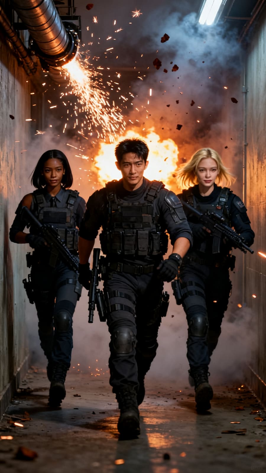 A three-person squad moving through fire